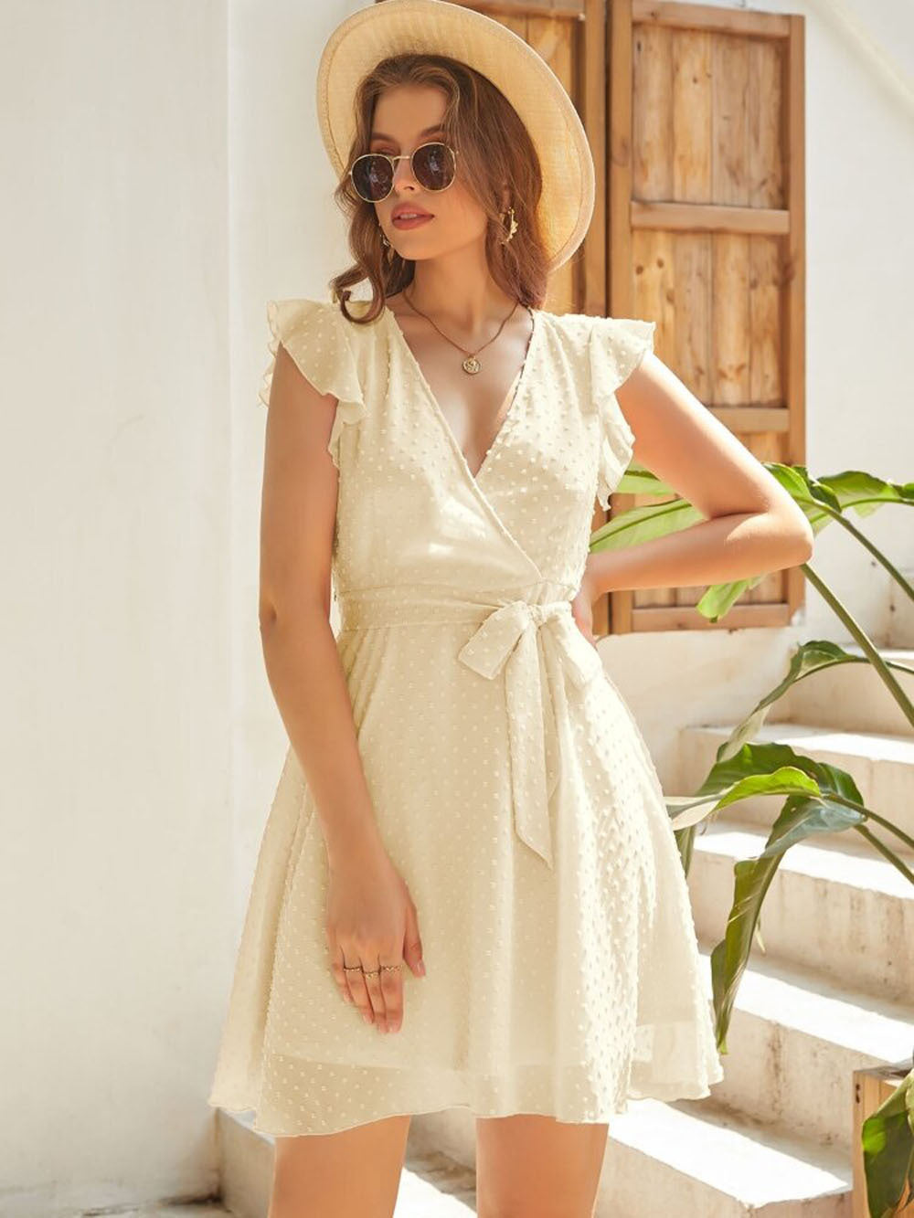 Short Skirt V-Neck Jacquard Solid Color Ruffle Sleeve Lace-Up Dress