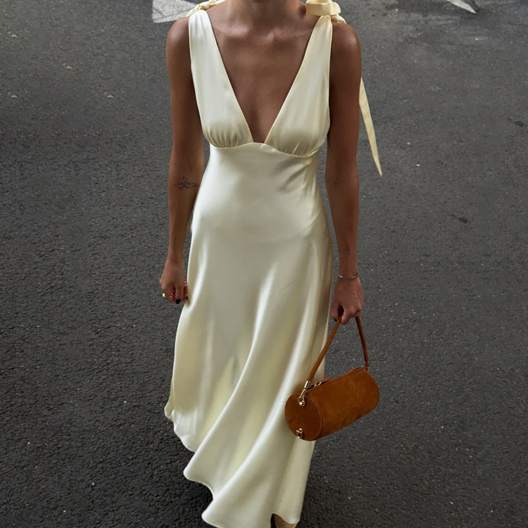 V-neck  Backless Sleeveless Dress With Tie