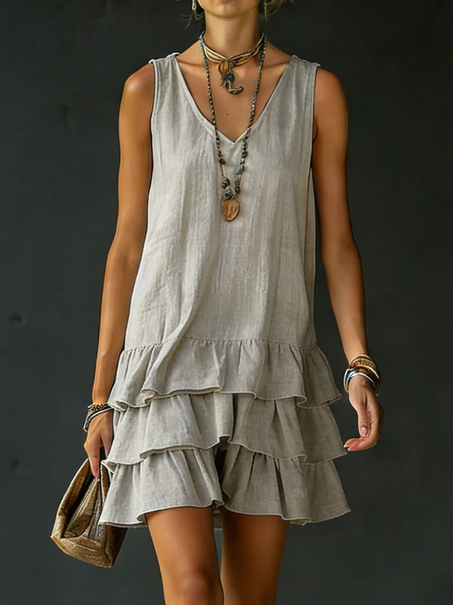 V-neck Cotton-linen Sleeveless Dress