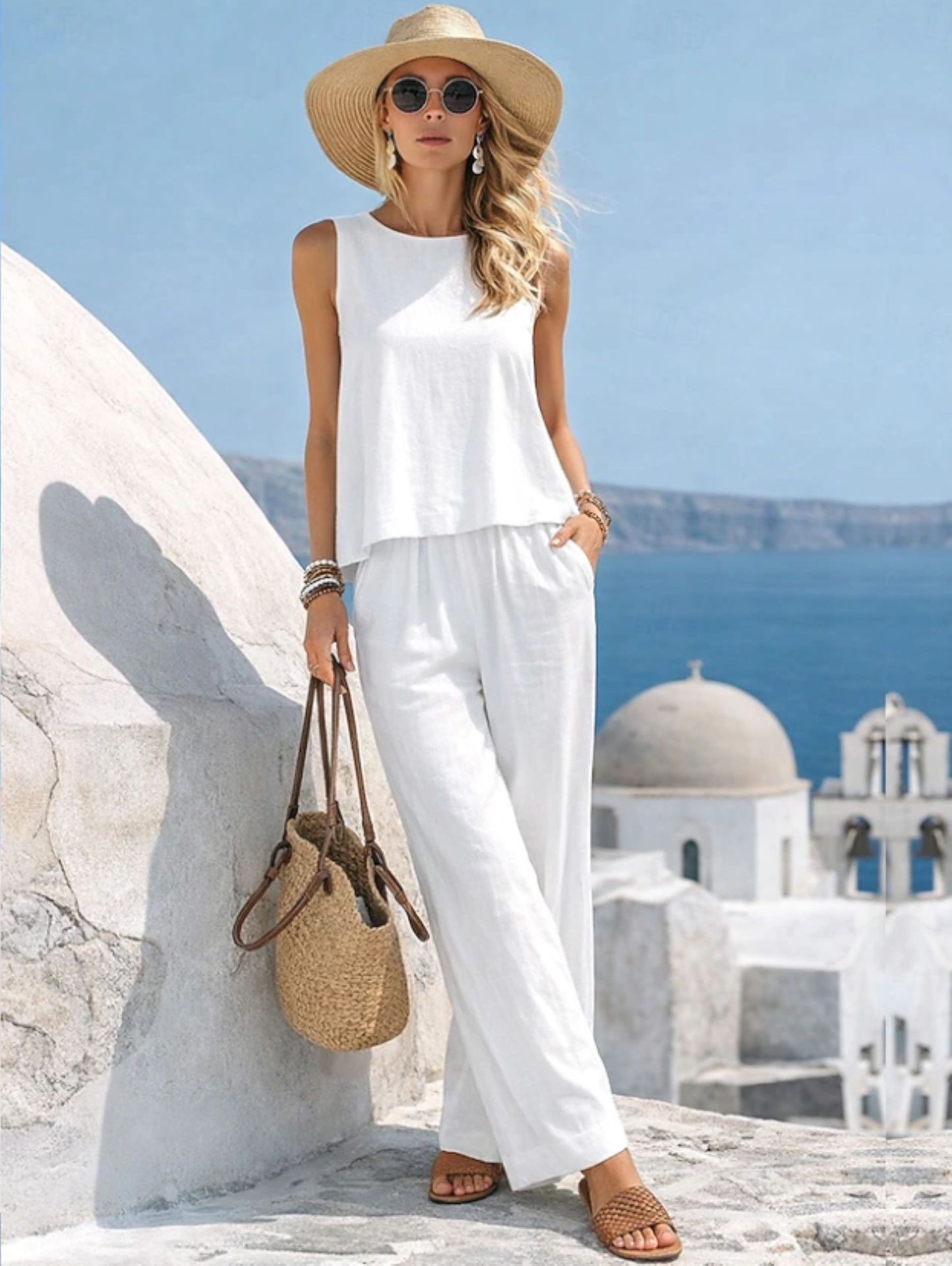 Casual Cotton-Linen Vest And Pants Set