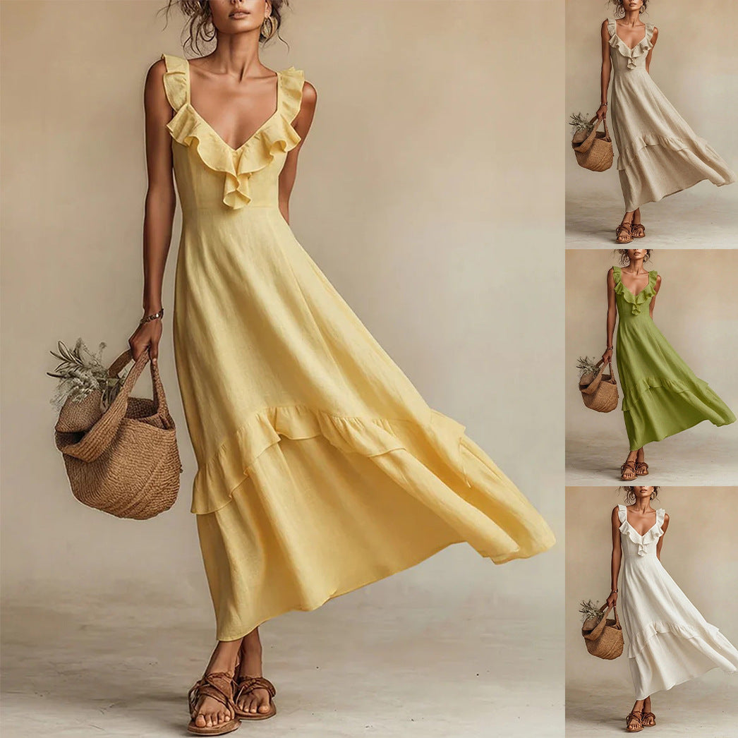 Cotton-Linen Dress With Ruffled Flutter Sleeves