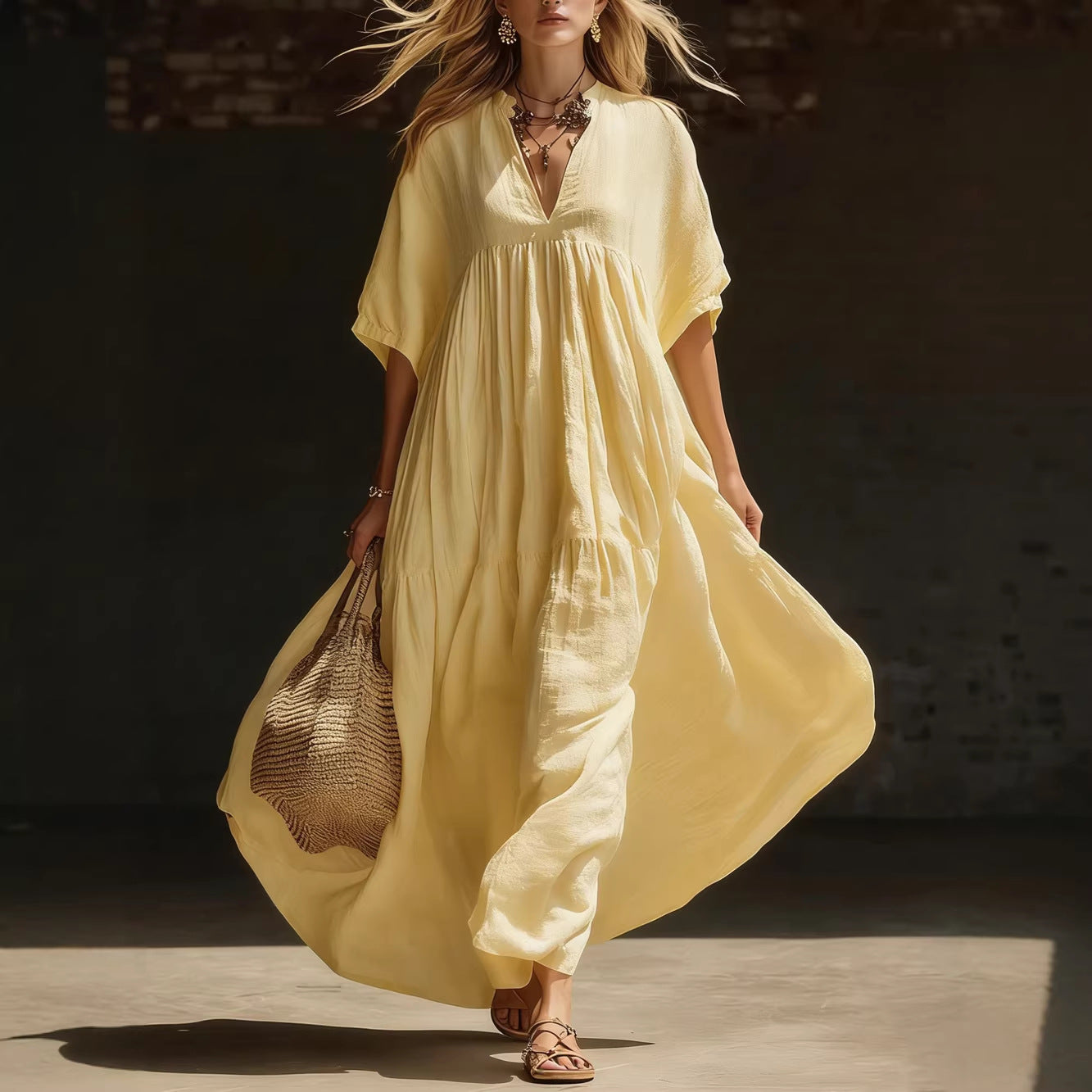 Summer  Beach Vacation Long V-Neck Dress