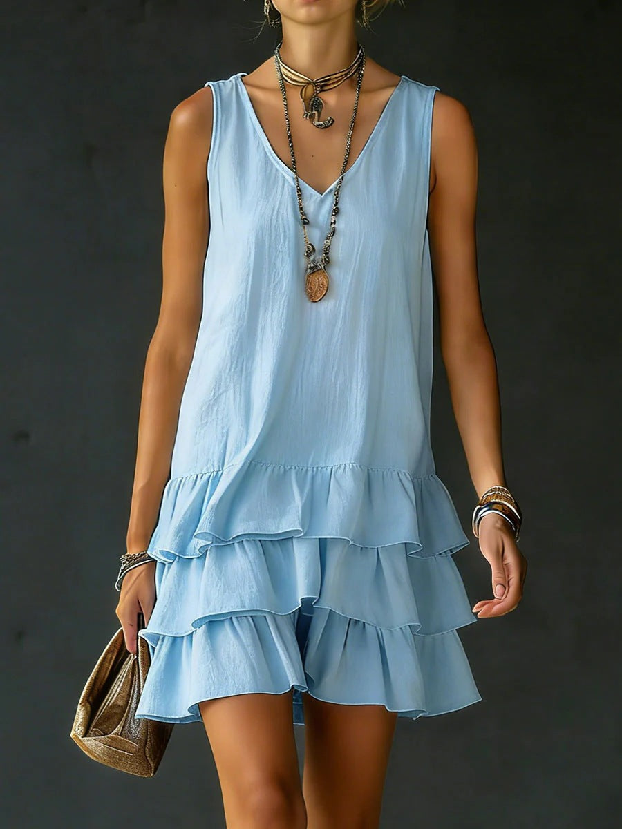 V-neck Cotton-linen Sleeveless Dress