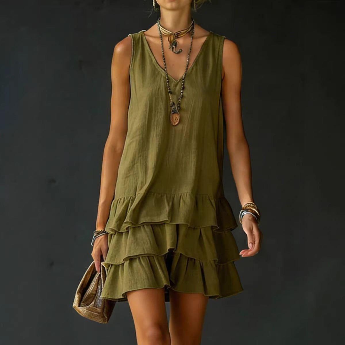 V-neck Cotton-linen Sleeveless Dress