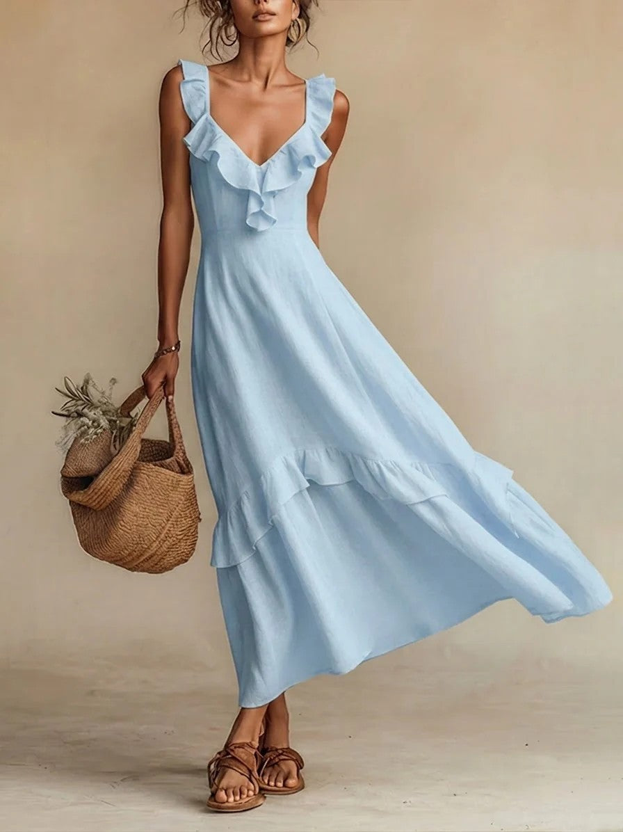 Cotton-Linen Dress With Ruffled Flutter Sleeves