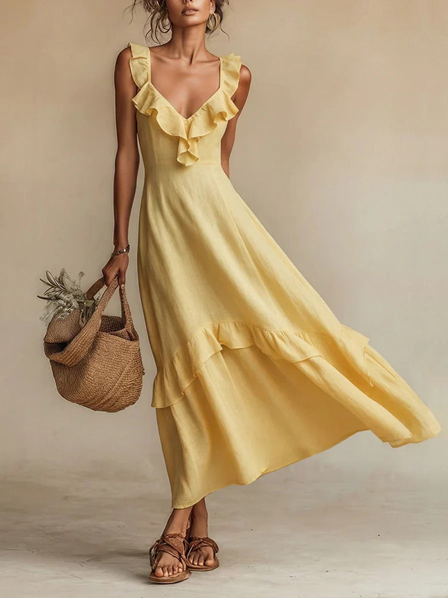 Cotton-Linen Dress With Ruffled Flutter Sleeves