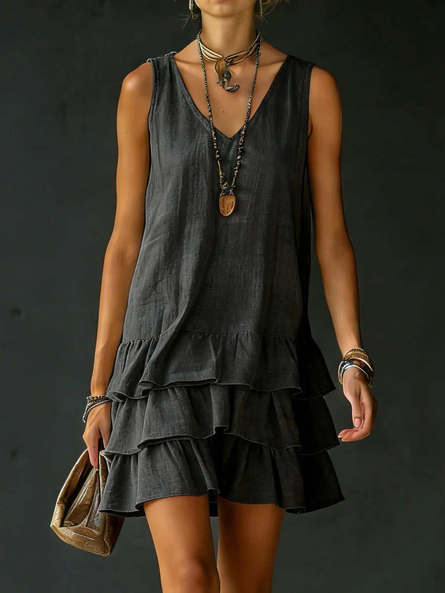 V-neck Cotton-linen Sleeveless Dress