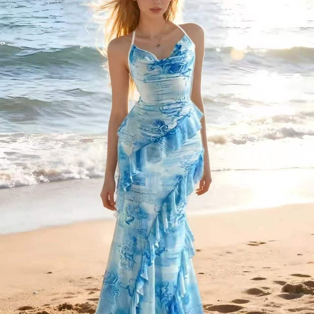 Sleeveless Halterneck Printed Beach Dress
