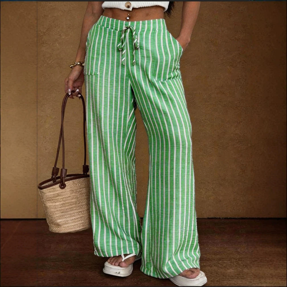 Striped Lace-up Elastic-waist Wide-leg Trousers