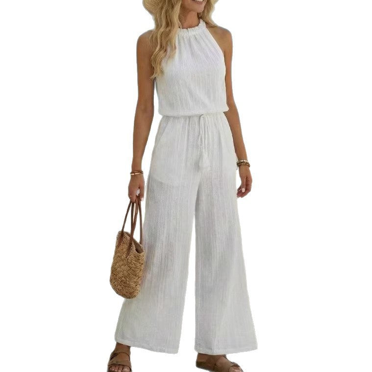 Tasselled Lace-up Pocketed Wide-leg Casual Jumpsuit