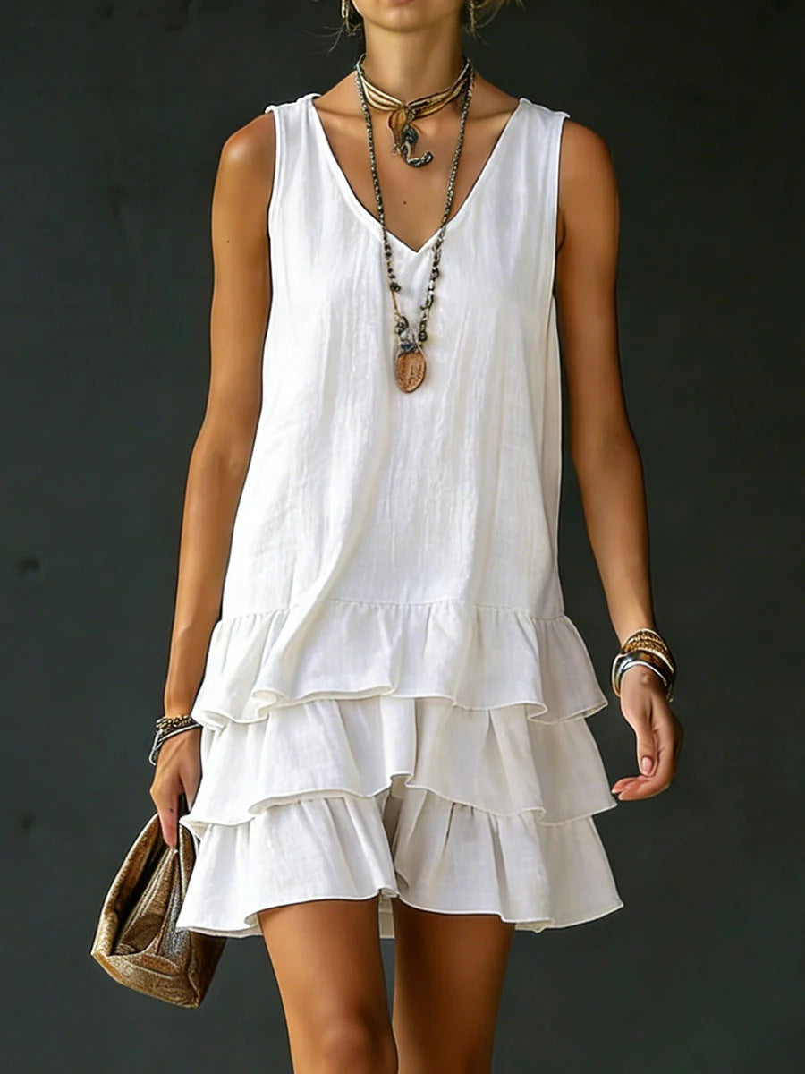 V-neck Cotton-linen Sleeveless Dress