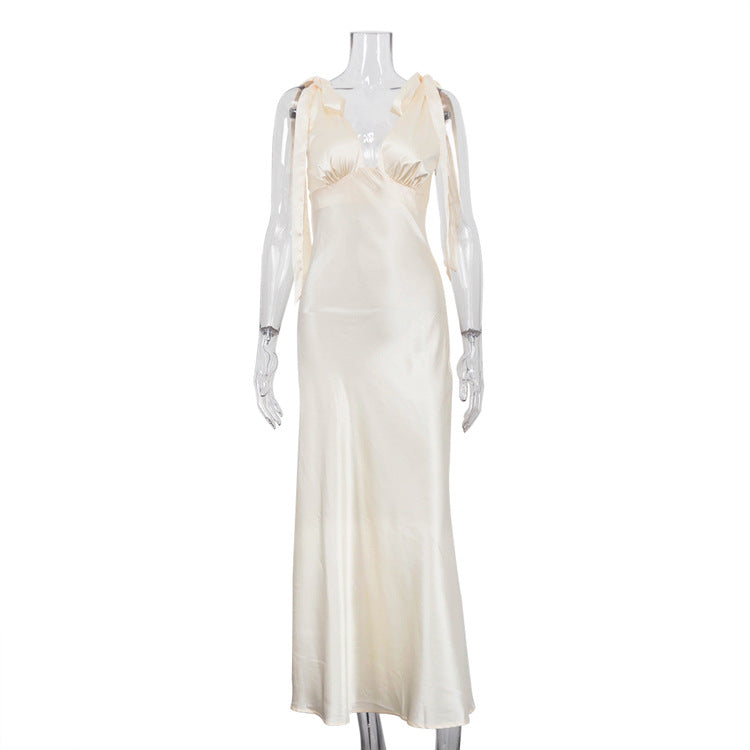 V-neck  Backless Sleeveless Dress With Tie