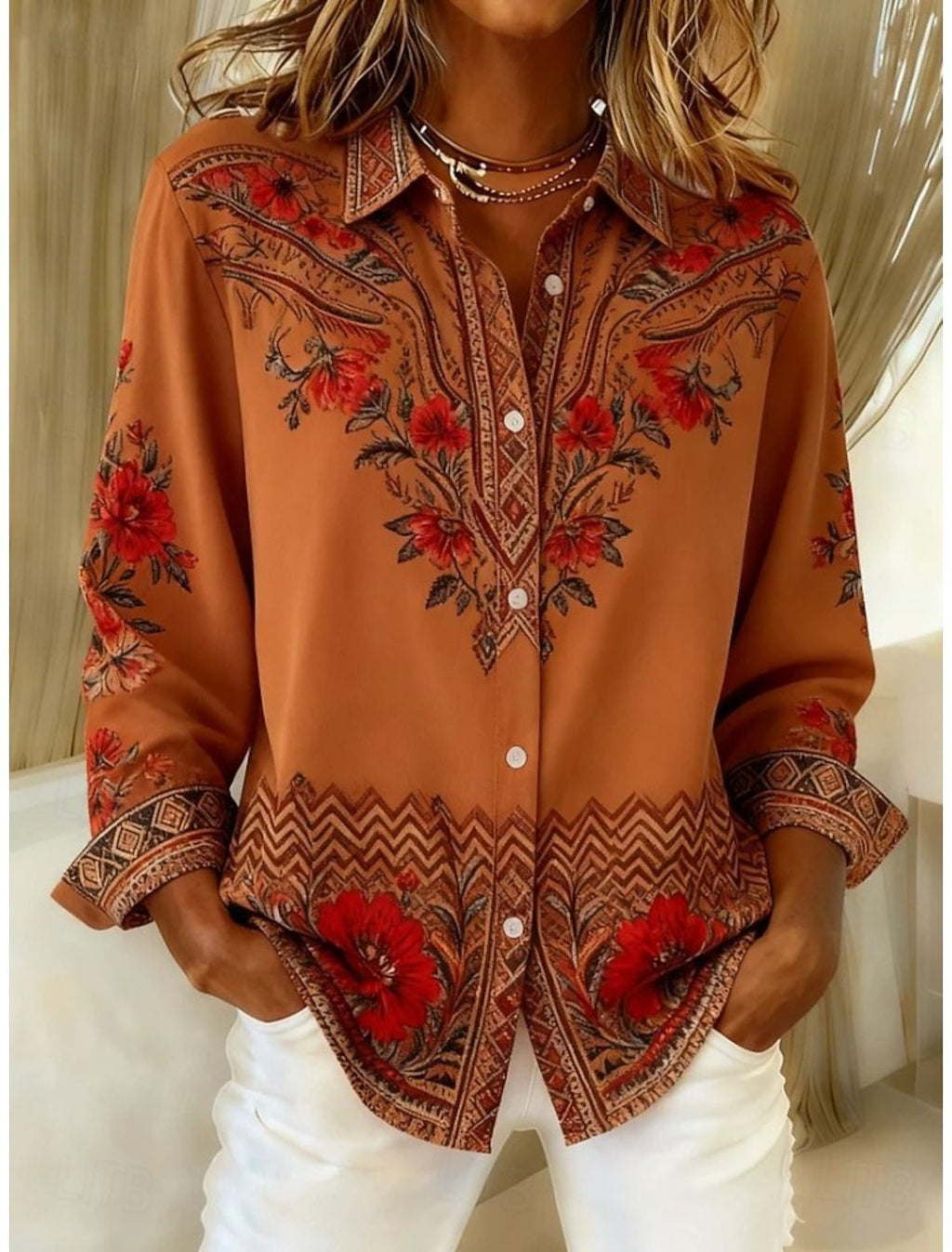 Loose-Fitting Long-Sleeve Lapel-Neck Printed Shirt