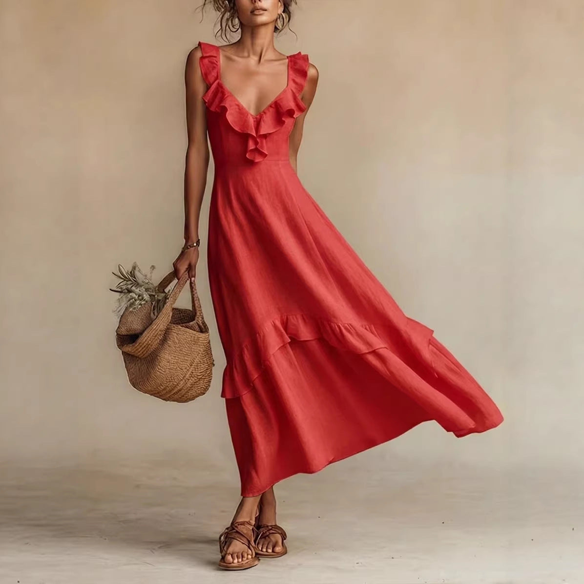 Cotton-Linen Dress With Ruffled Flutter Sleeves