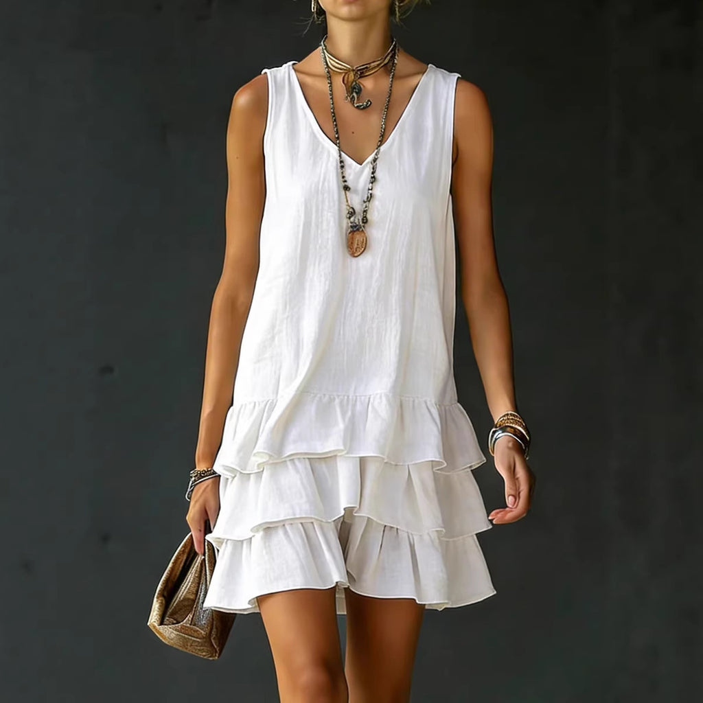 V-neck Cotton-linen Sleeveless Dress