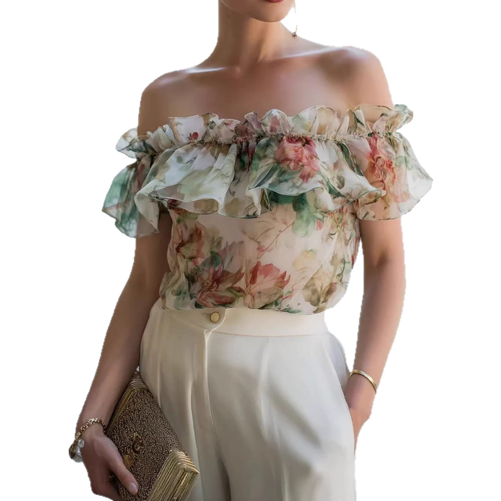 Chiffon Printed Off-Shoulder Ruffle-Trim Top