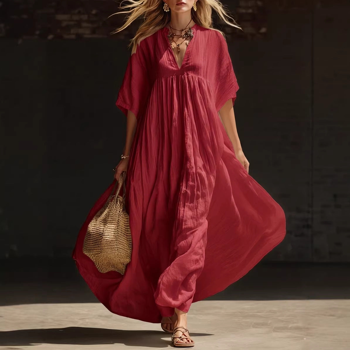 Summer  Beach Vacation Long V-Neck Dress