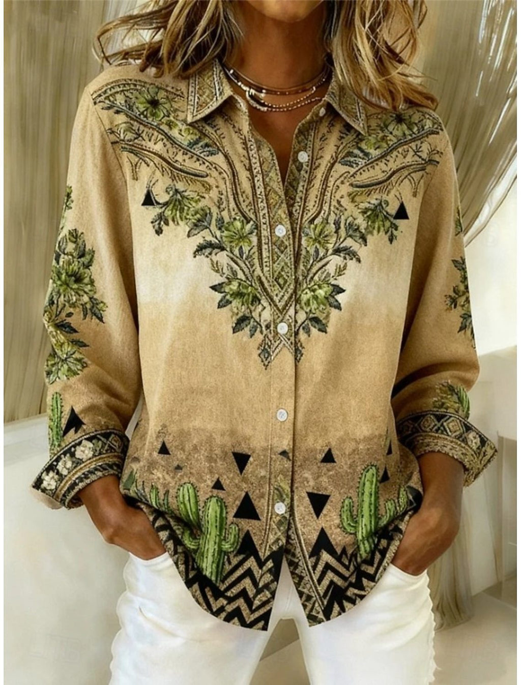 Loose-Fitting Long-Sleeve Lapel-Neck Printed Shirt