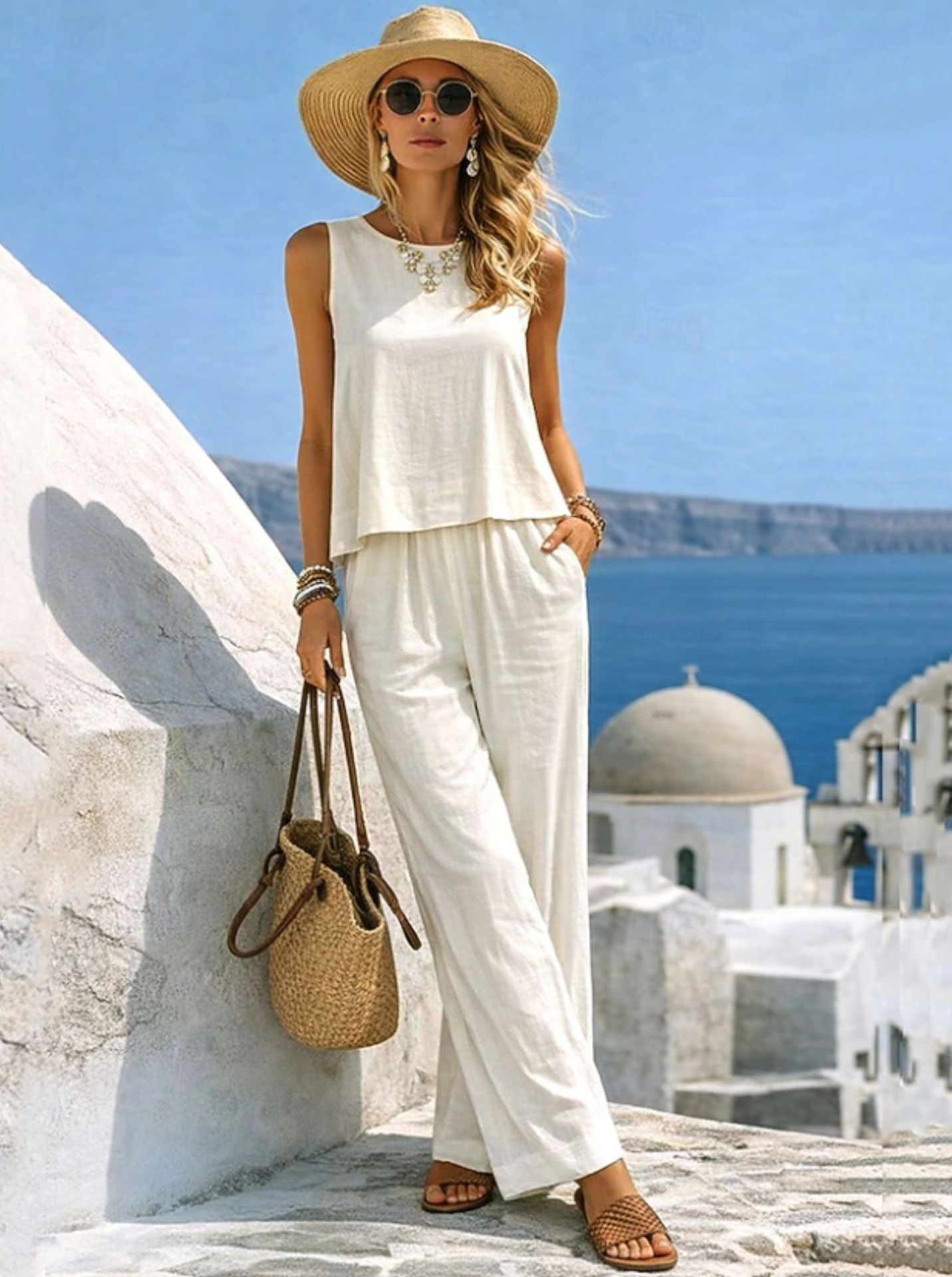 Casual Cotton-Linen Vest And Pants Set