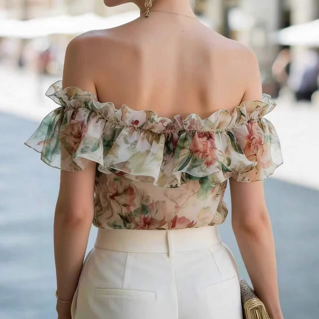 Chiffon Printed Off-Shoulder Ruffle-Trim Top