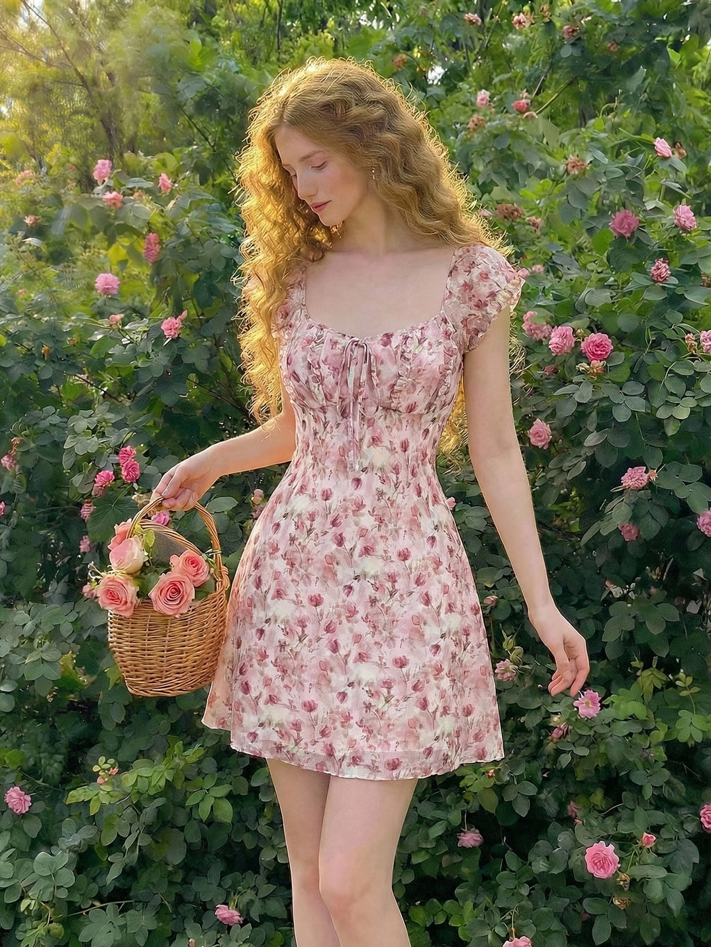 Women's Summer New French Style Romantic Elegant Floral Print Waist-Cinched A-Line Mini Dress