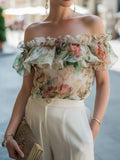 Chiffon Printed Off-Shoulder Ruffle-Trim Top