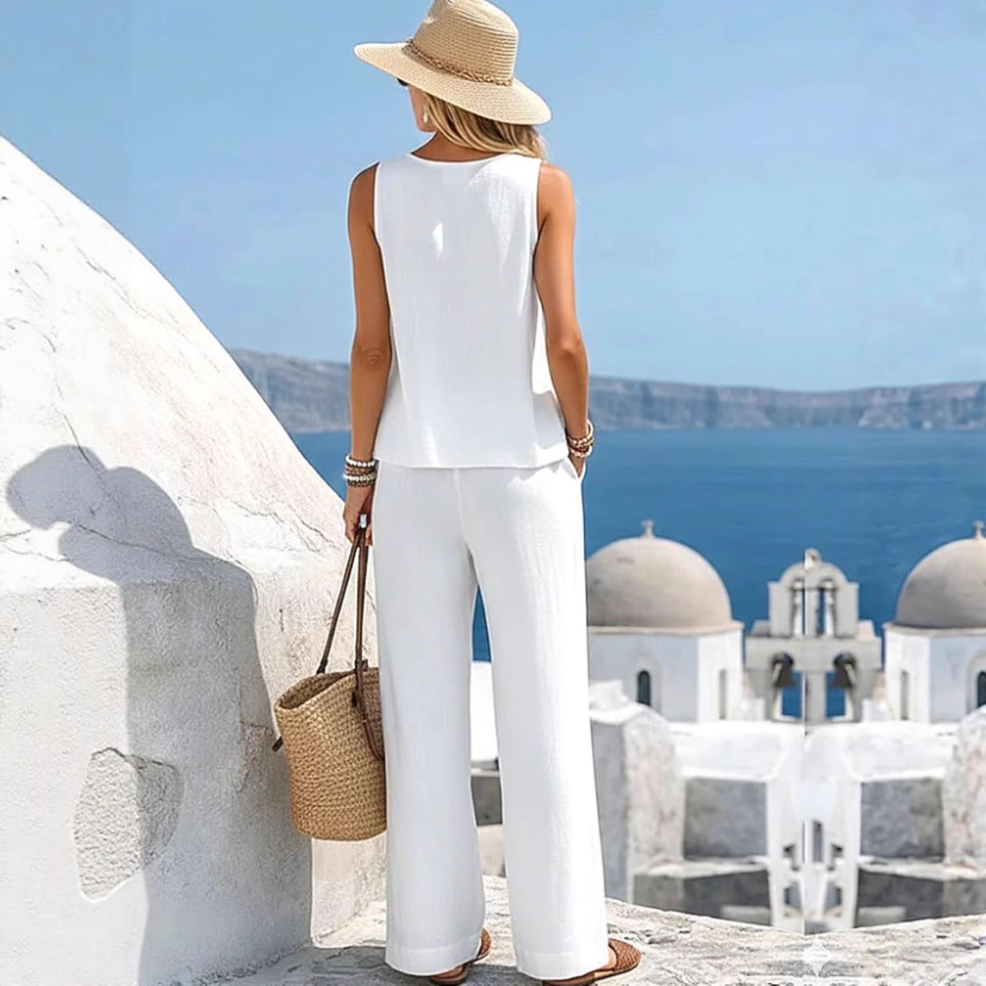 Casual Cotton-Linen Vest And Pants Set