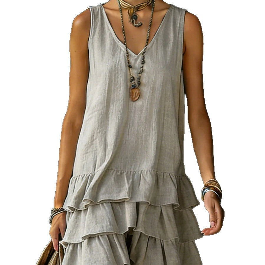 V-neck Cotton-linen Sleeveless Dress