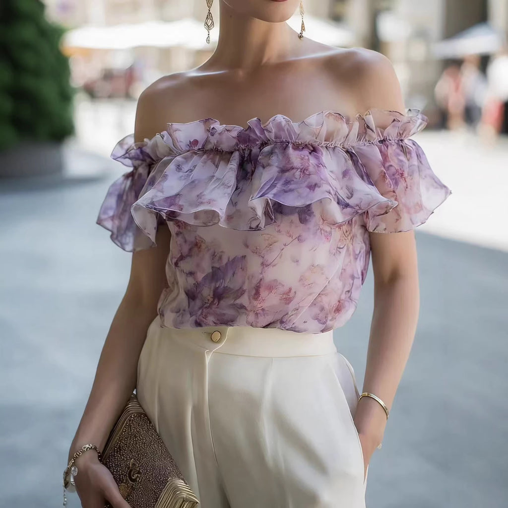 Chiffon Printed Off-Shoulder Ruffle-Trim Top