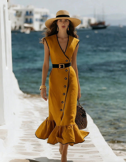 V-Neck Linen Blend Midi Dress