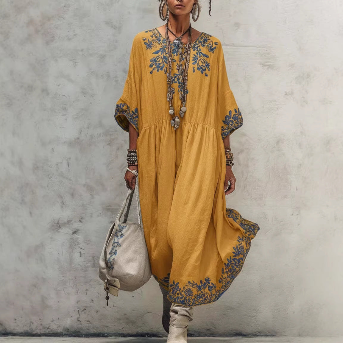 Elegant Round-neck Printed Dress