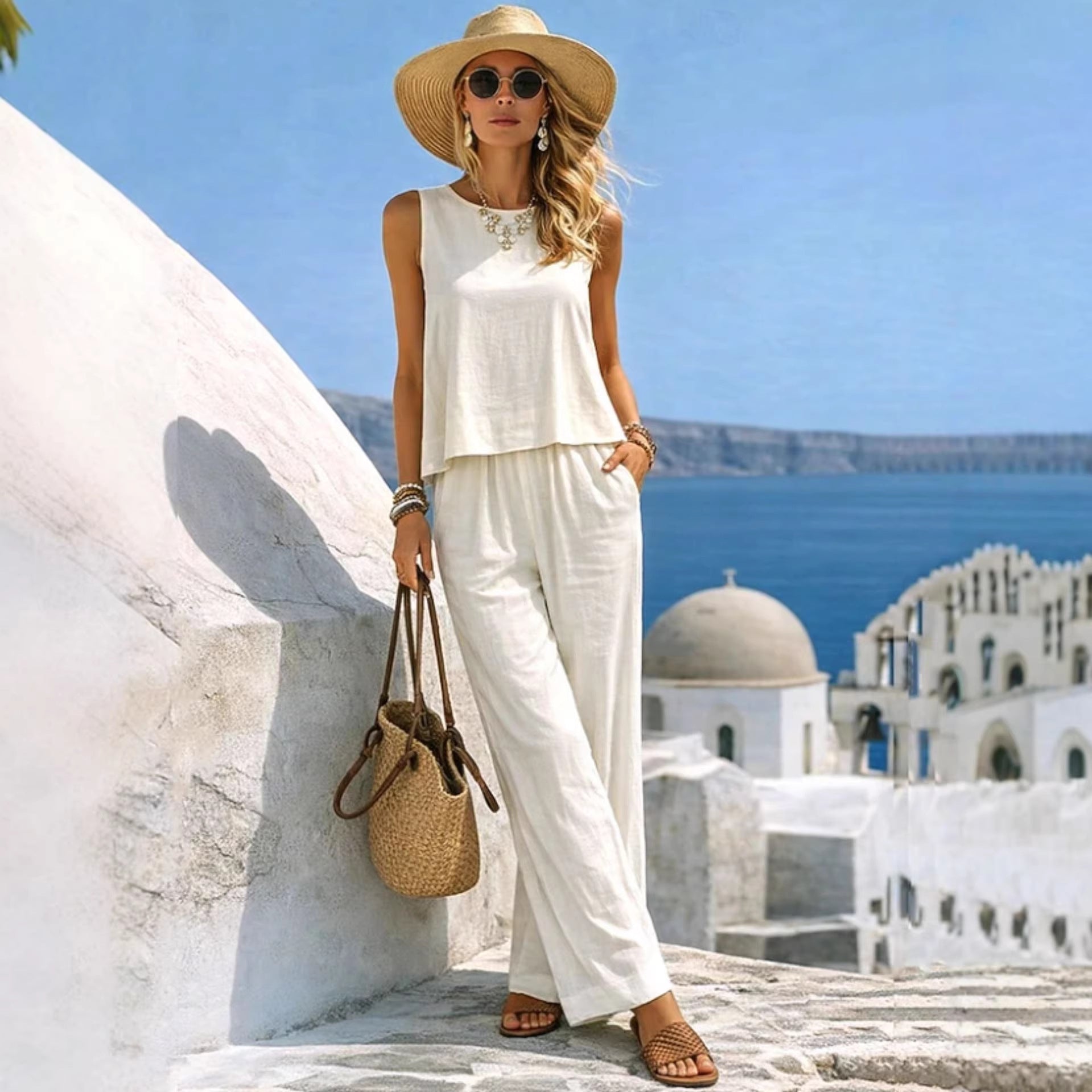 Casual Cotton-Linen Vest And Pants Set