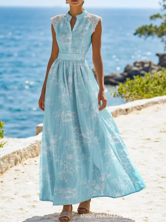 Lace-Patchwork Lace-Up Printed Dress