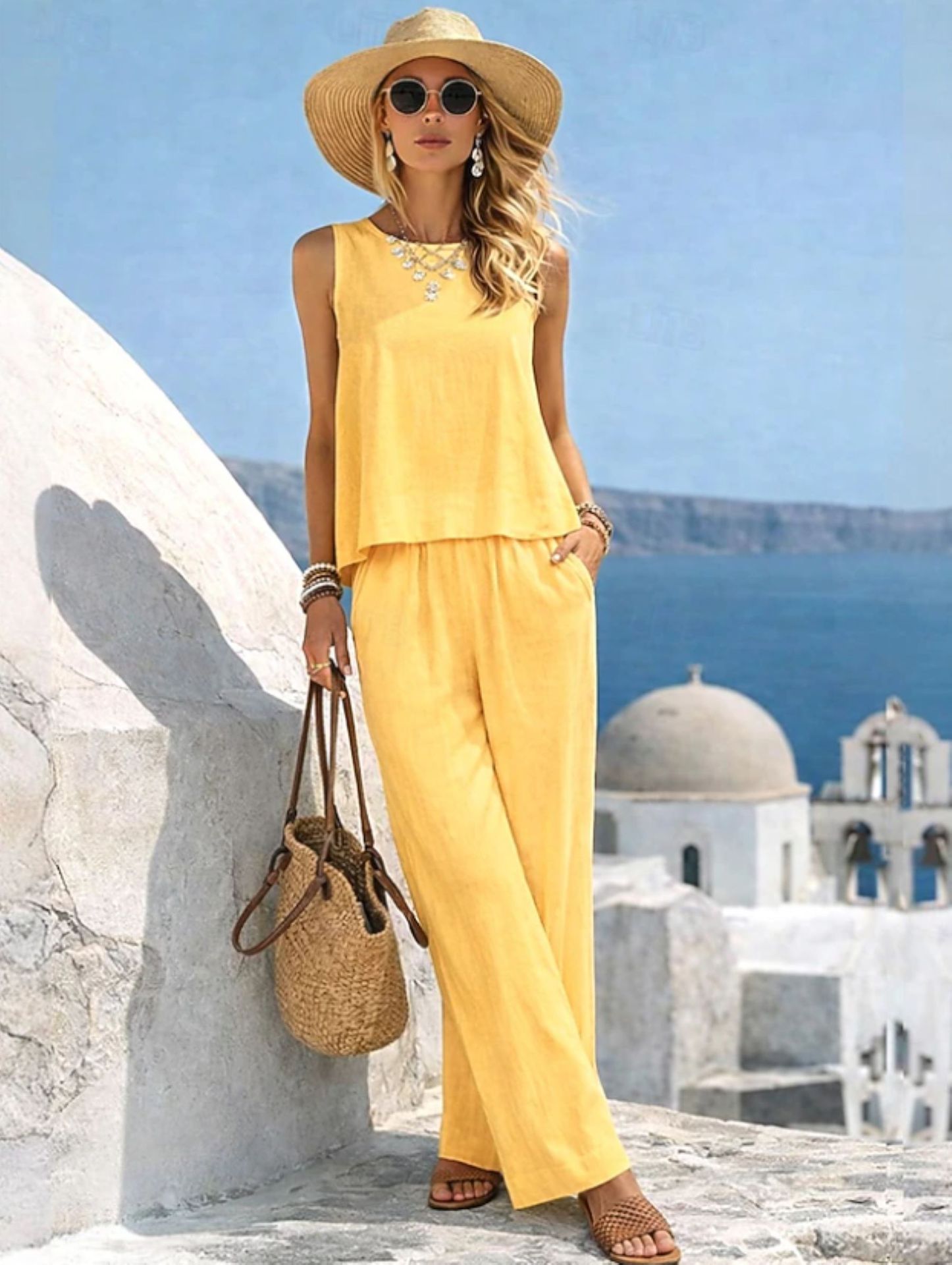 Casual Cotton-Linen Vest And Pants Set