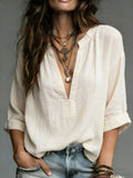 Short-sleeve V-neck Shirt Loose-fit Blouse