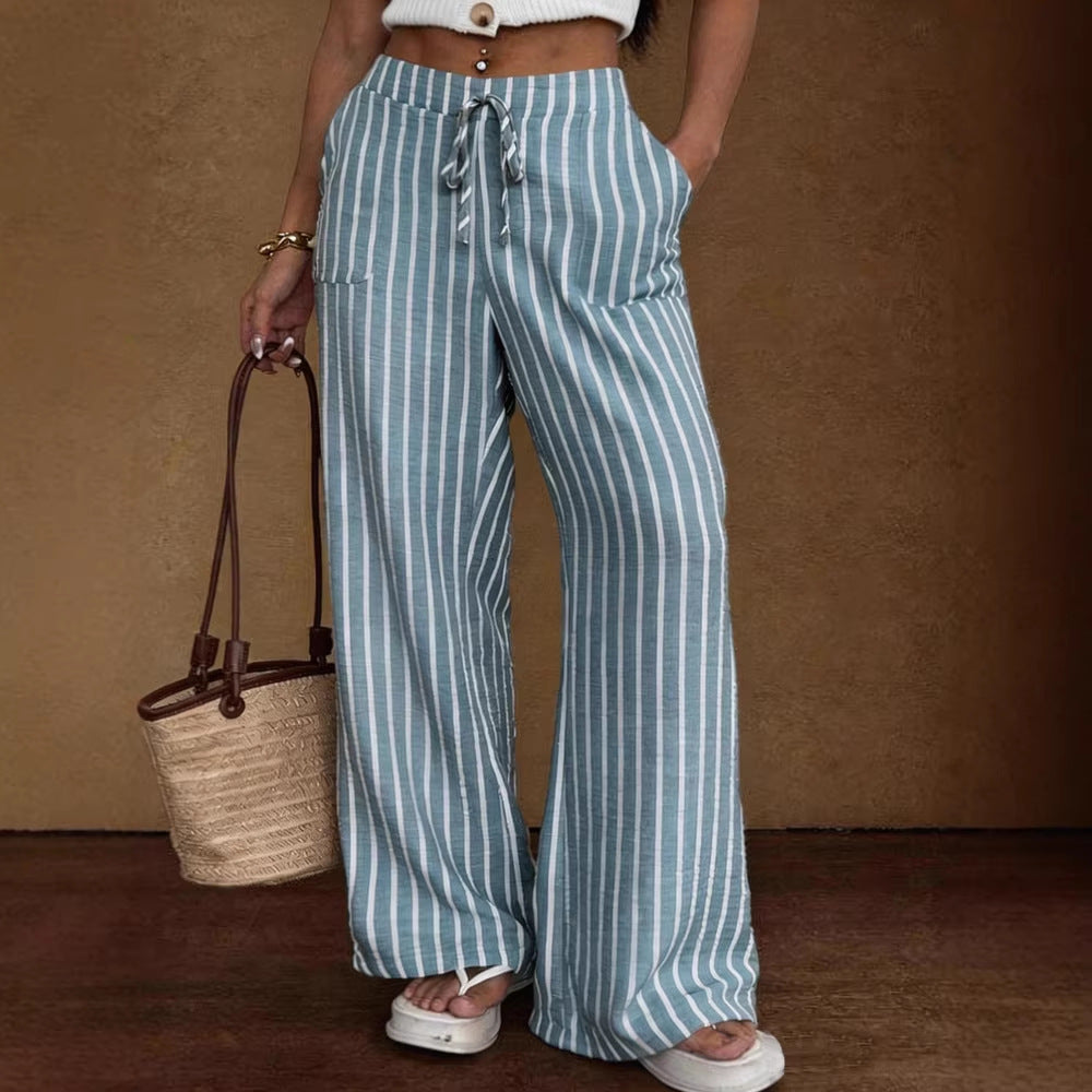 Striped Lace-up Elastic-waist Wide-leg Trousers