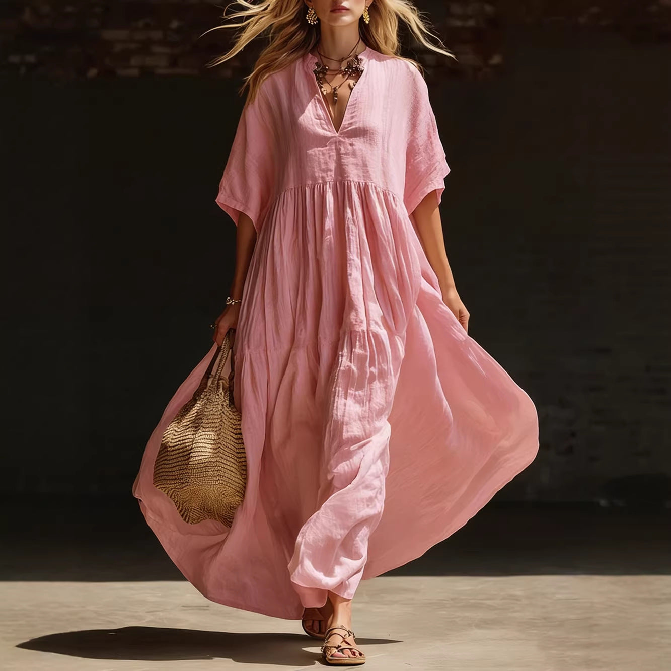Summer  Beach Vacation Long V-Neck Dress