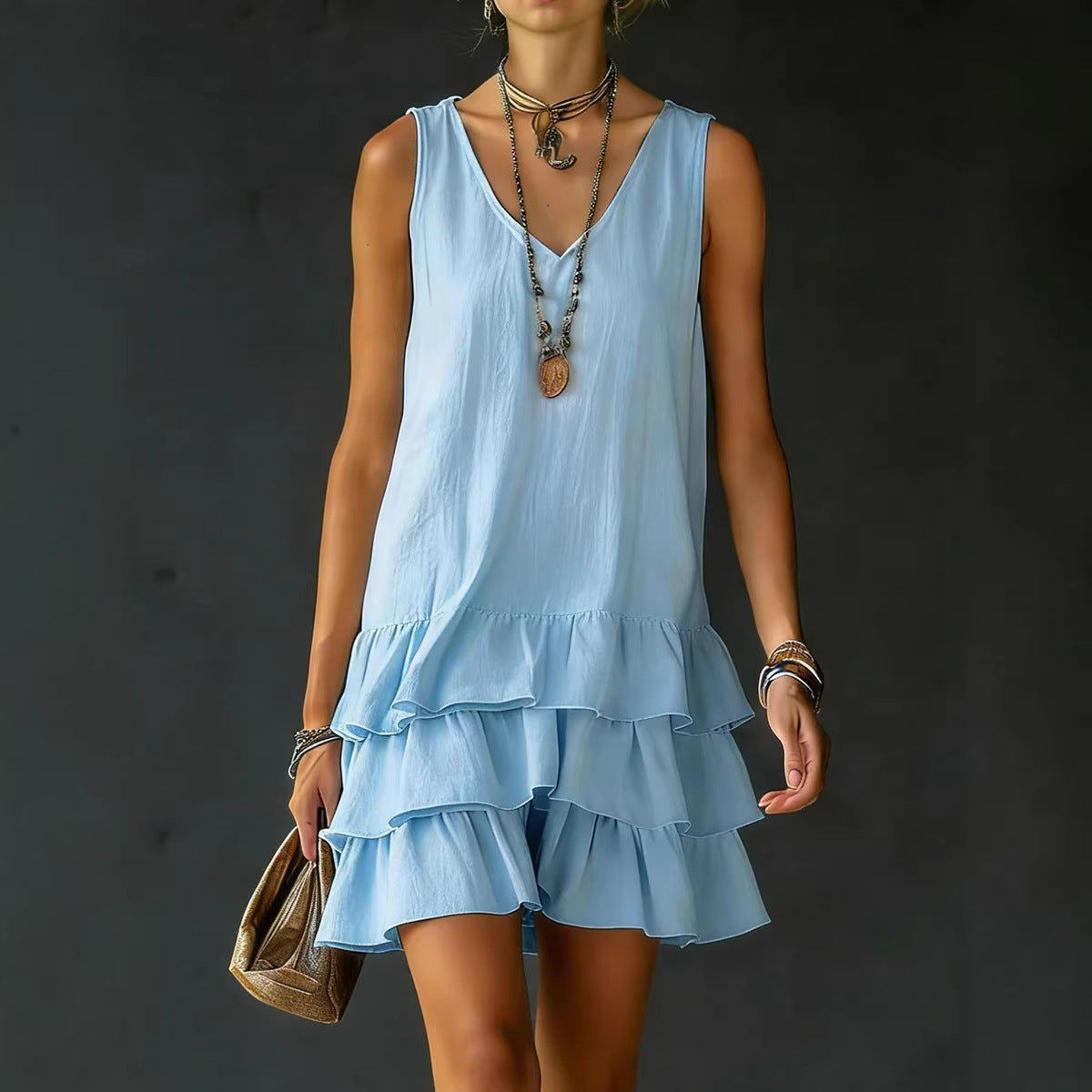 V-neck Cotton-linen Sleeveless Dress