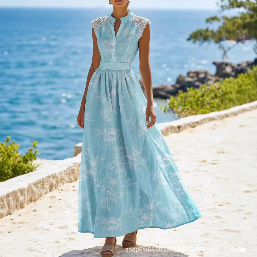 Lace-Patchwork Lace-Up Printed Dress