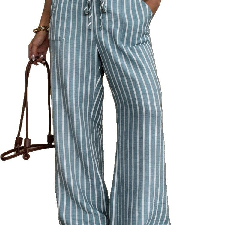 Striped Lace-up Elastic-waist Wide-leg Trousers