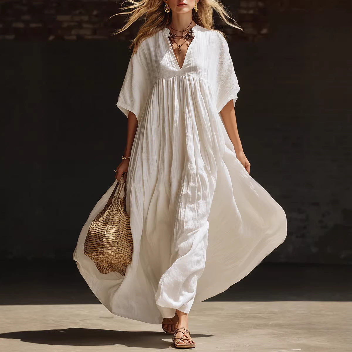Summer  Beach Vacation Long V-Neck Dress