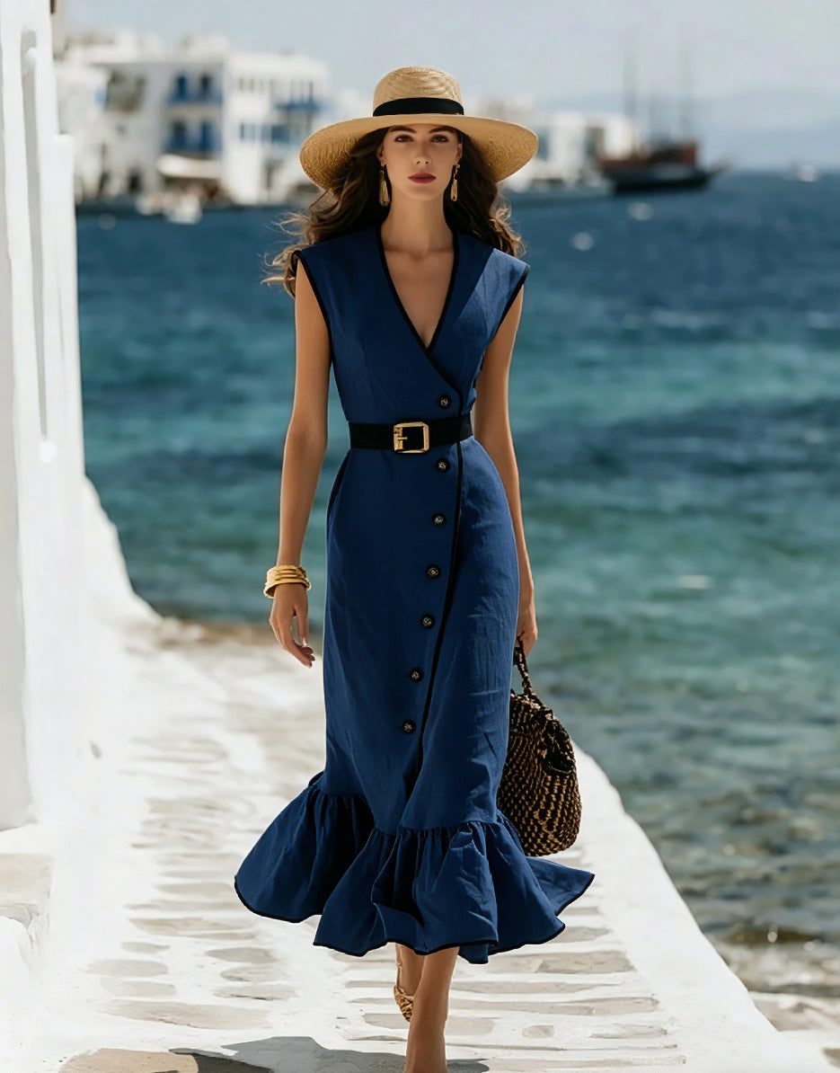 V-Neck Linen Blend Midi Dress