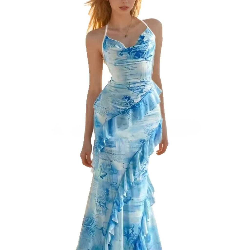 Sleeveless Halterneck Printed Beach Dress