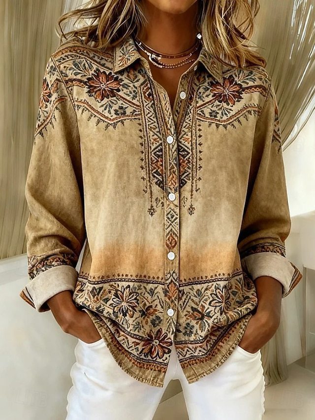 Loose-Fitting Long-Sleeve Lapel-Neck Printed Shirt
