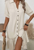 LUNE Solid Color Turn-Down Collar Button Up Dress With Ruffle Hem