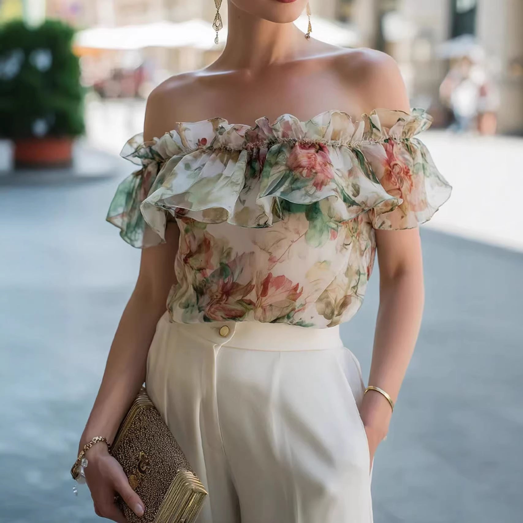 Chiffon Printed Off-Shoulder Ruffle-Trim Top