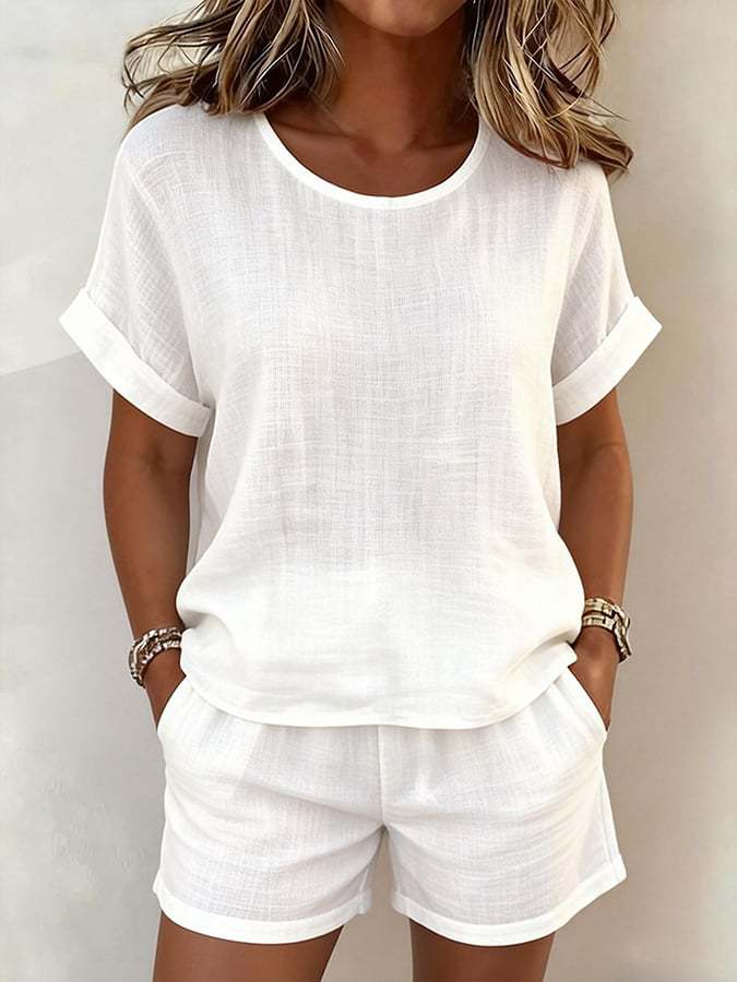 Solid-color Casual Round-neck Short-sleeve Shorts Two-piece Set