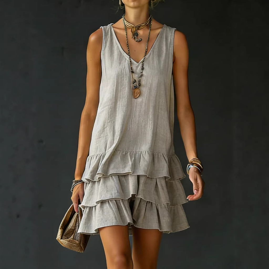 V-neck Cotton-linen Sleeveless Dress