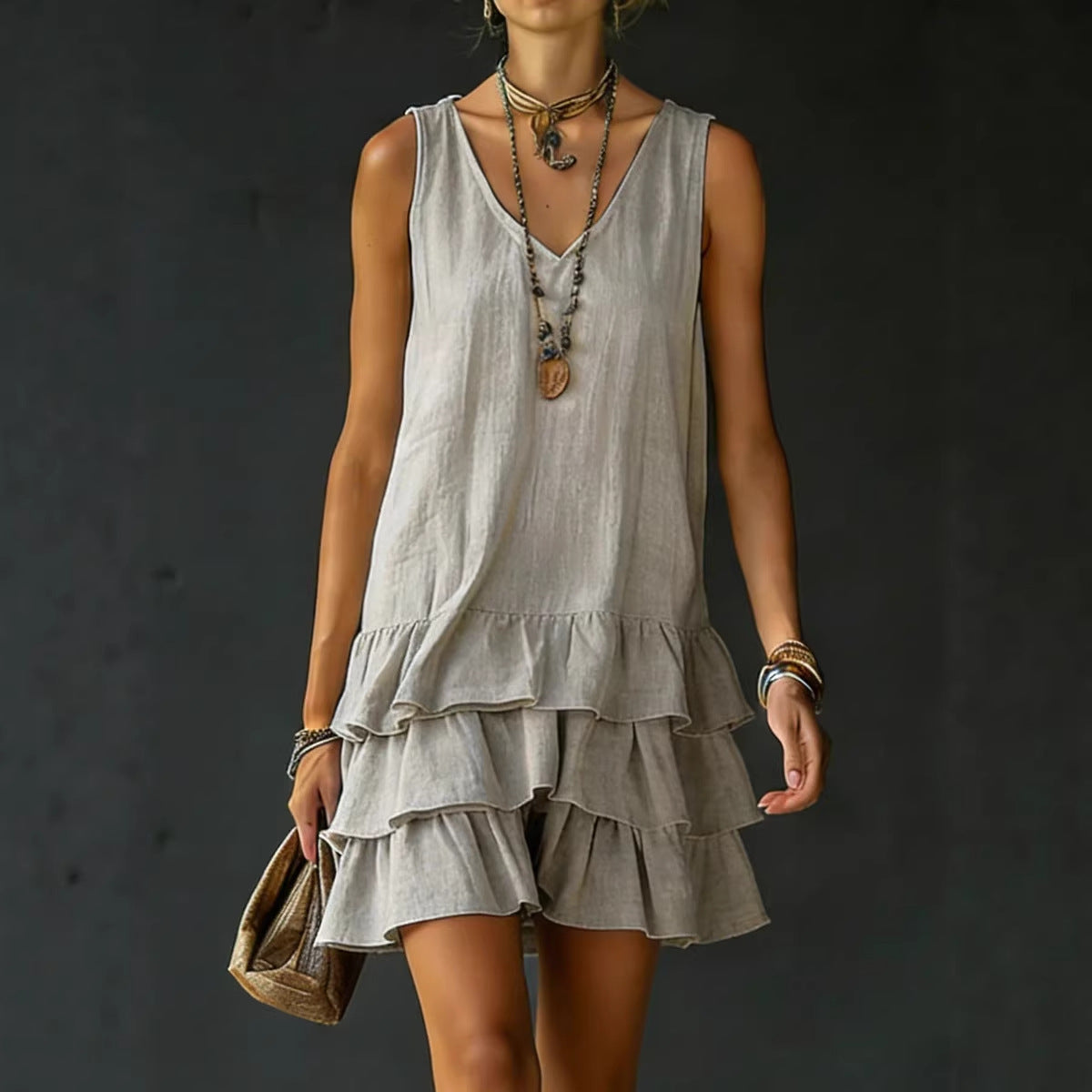 V-neck Cotton-linen Sleeveless Dress