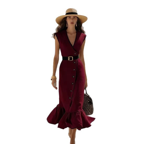 V-Neck Linen Blend Midi Dress